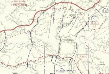 Historical map of World War II battles near Florence, marking important locations and events during the conflict.