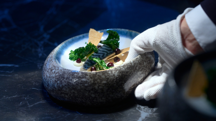 A person presents a bowl of food on a table.