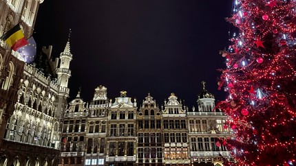 A decorated Christmas tree stands in front of the Grand Place in Brussels, illuminated against the historic architecture.