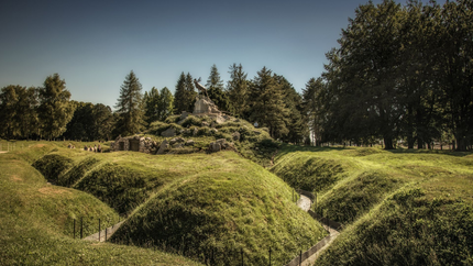 Mounds covered in grass and trees, showcasing a natural landscape with lush greenery and varied textures.