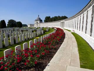 Rows of white tombstones arranged neatly in a serene cemetery setting under a clear blue sky.