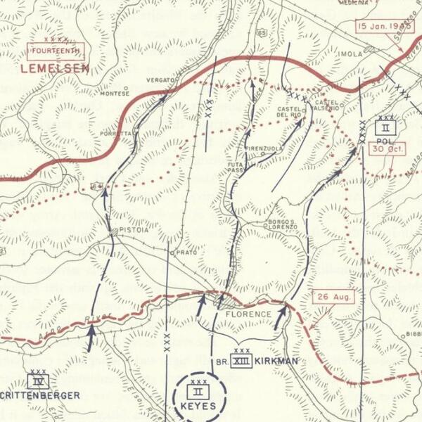 Historical map of World War II battles near Florence, marking important locations and events during the conflict.