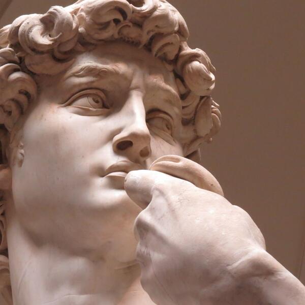 Michelangelo's David sculpture, a masterpiece of Renaissance art, showcasing intricate details and a powerful pose.