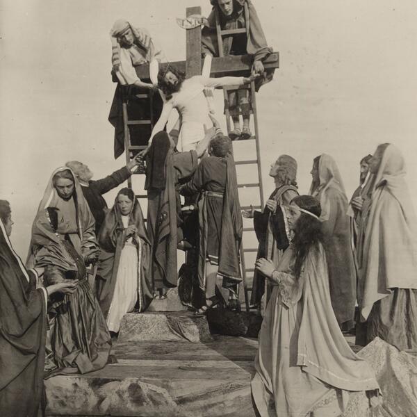 The crucifixion of Jesus is portrayed in a nativity scene, part of the Sordevolo Passion Play performance.
