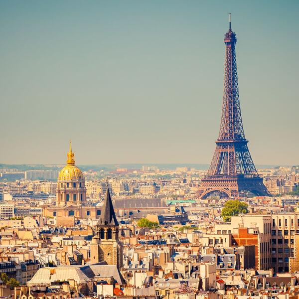 Panoramic view of Paris featuring the Eiffel Tower amidst a vibrant cityscape.